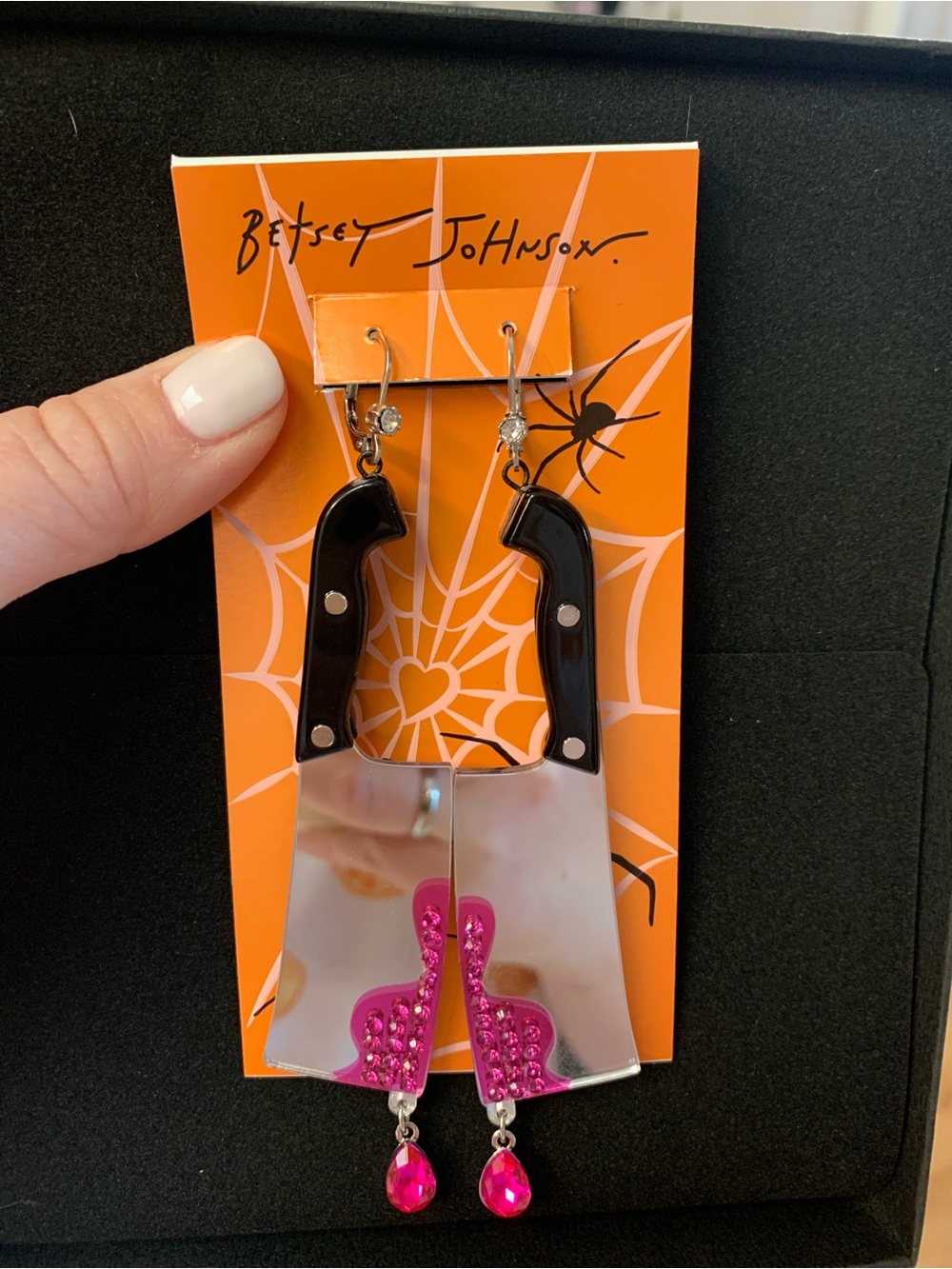 Betsey Johnson Black Handle Silver Cleaver Earrings with Pink Crystal Drops